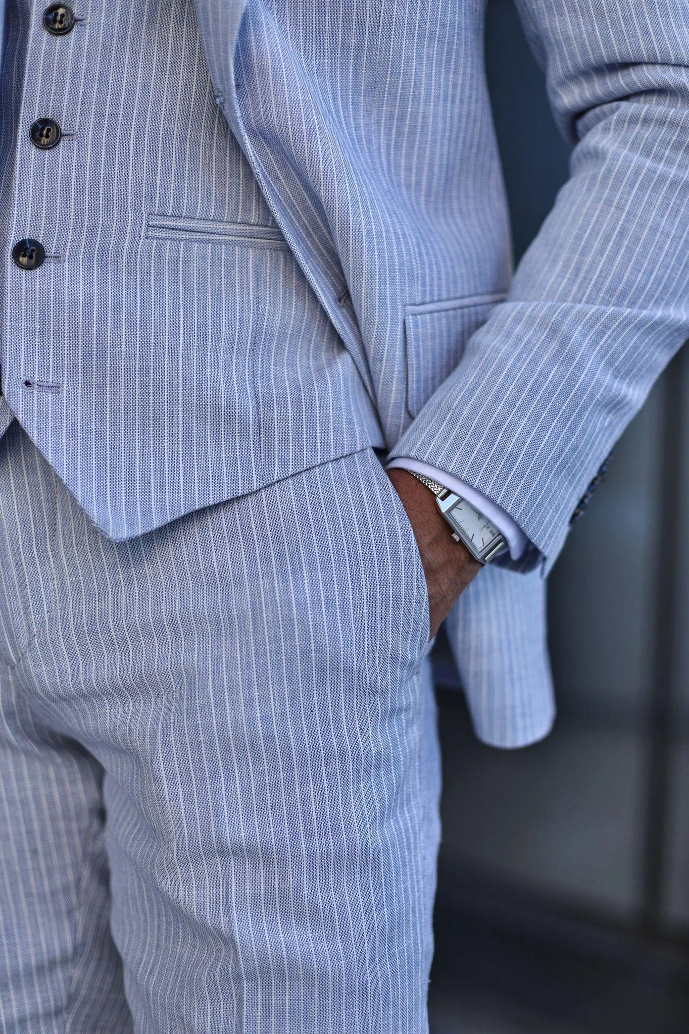 Baby Blue Pure Linen Men Summer Suit