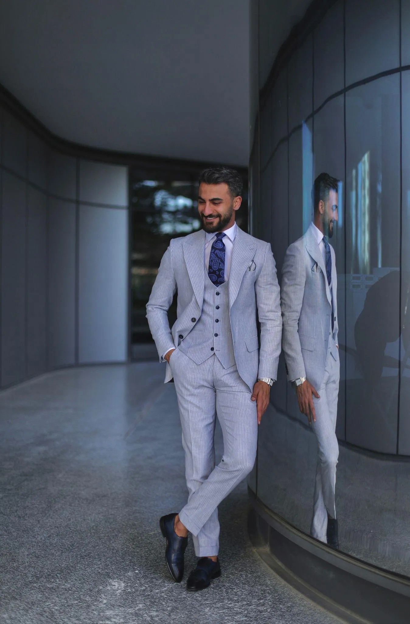 Baby Blue Pure Linen Men Summer Suit