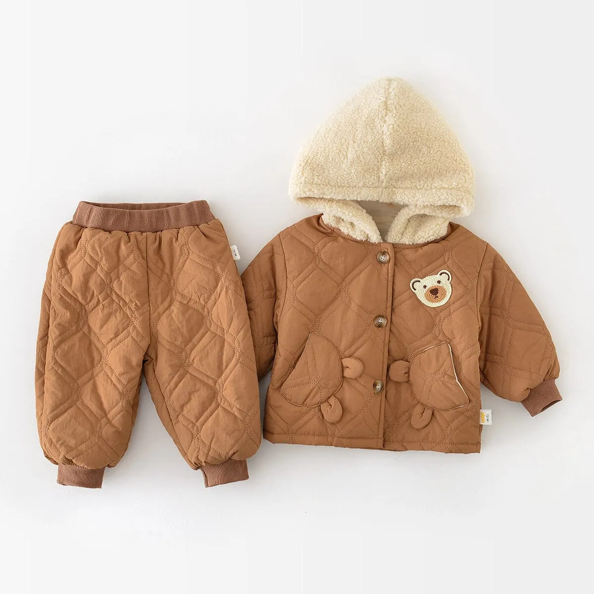 Bear Hooded Quilted Plush Jacket Set