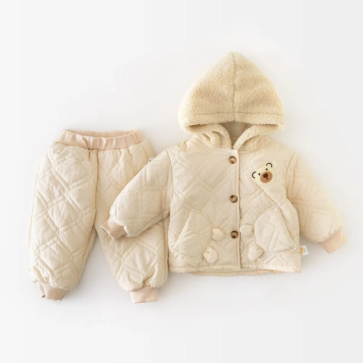 Bear Hooded Quilted Plush Jacket Set