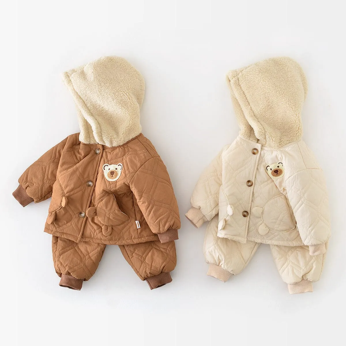 Bear Hooded Quilted Plush Jacket Set