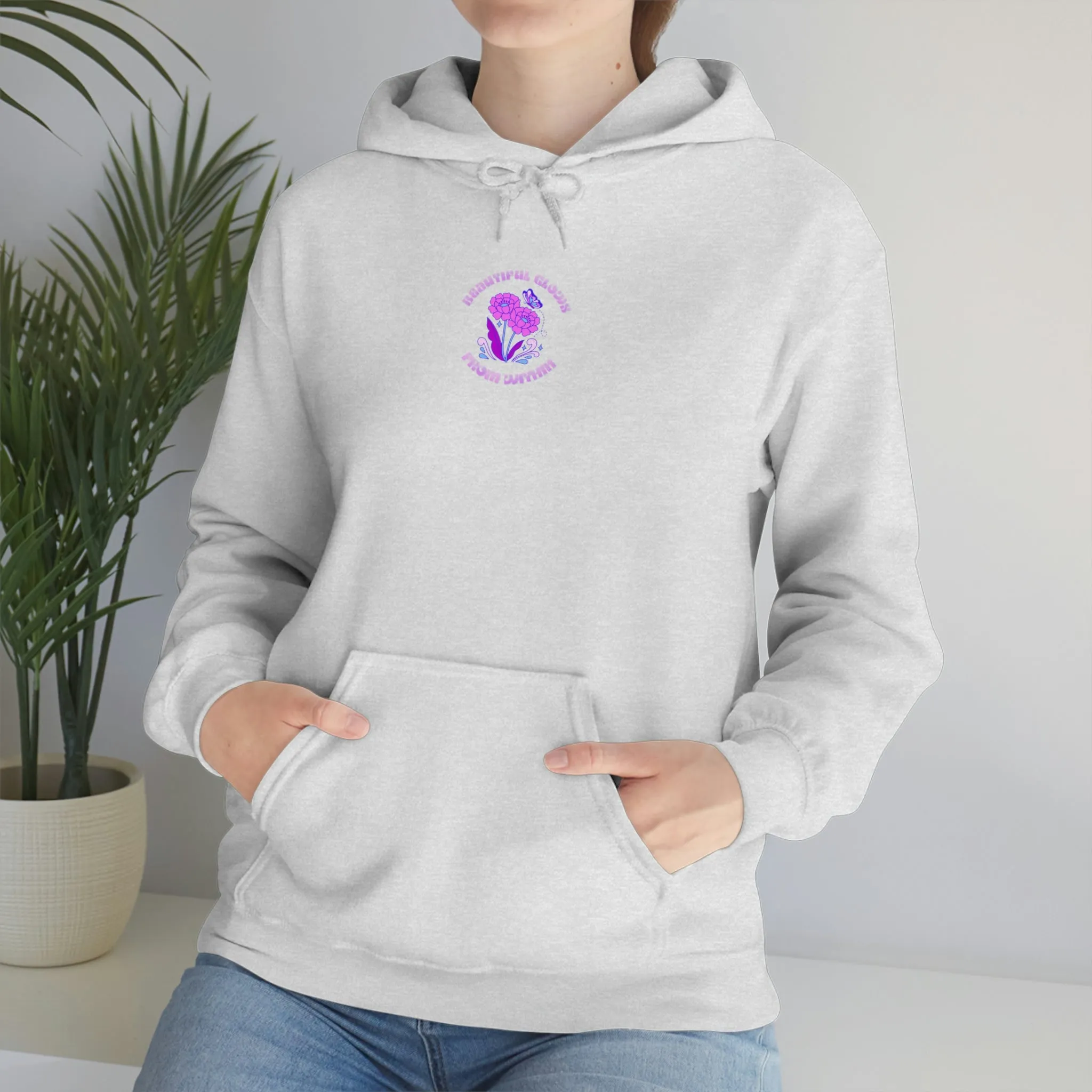 Beautiful Glows from Within Purple Flower Hoodie, Aesthetic Oversized Hoodie, Front Back Print Trendy Sweatshirt, Beach Lake Cover Up