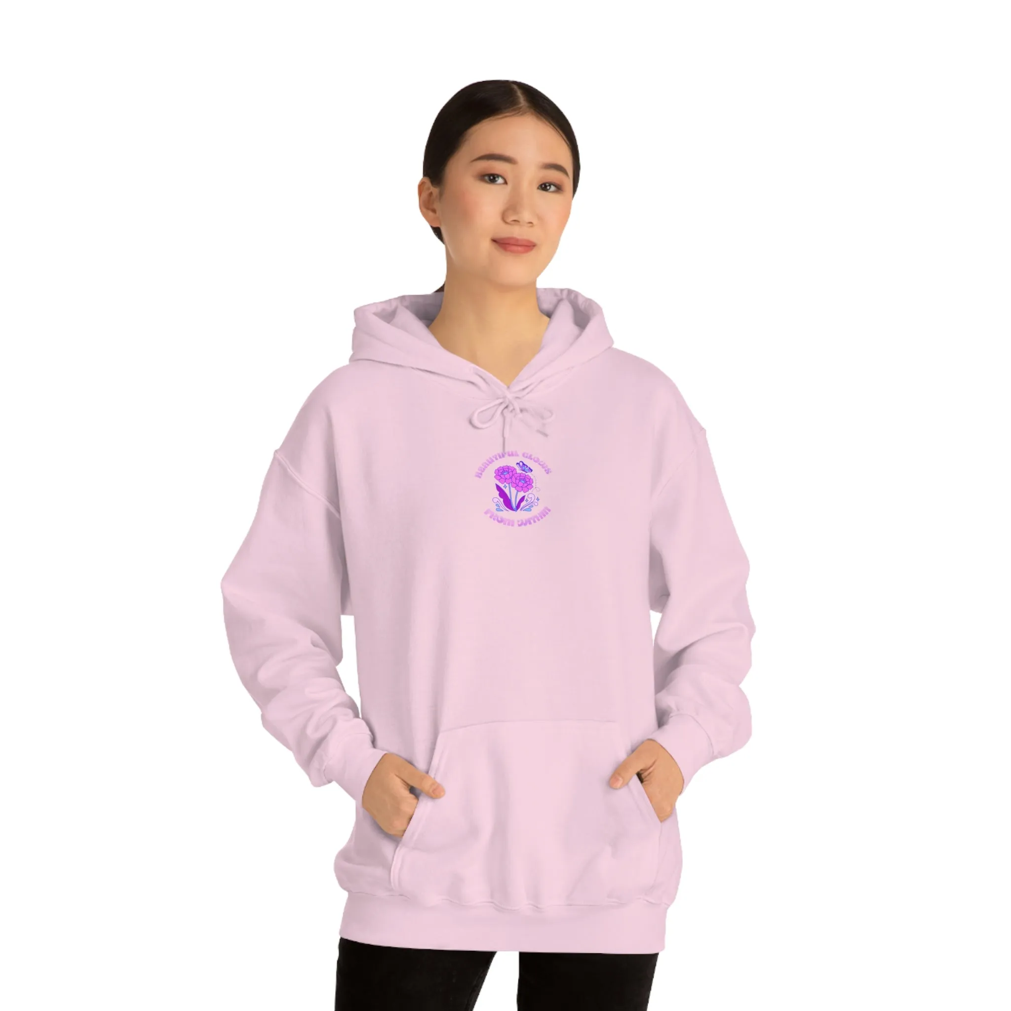 Beautiful Glows from Within Purple Flower Hoodie, Aesthetic Oversized Hoodie, Front Back Print Trendy Sweatshirt, Beach Lake Cover Up