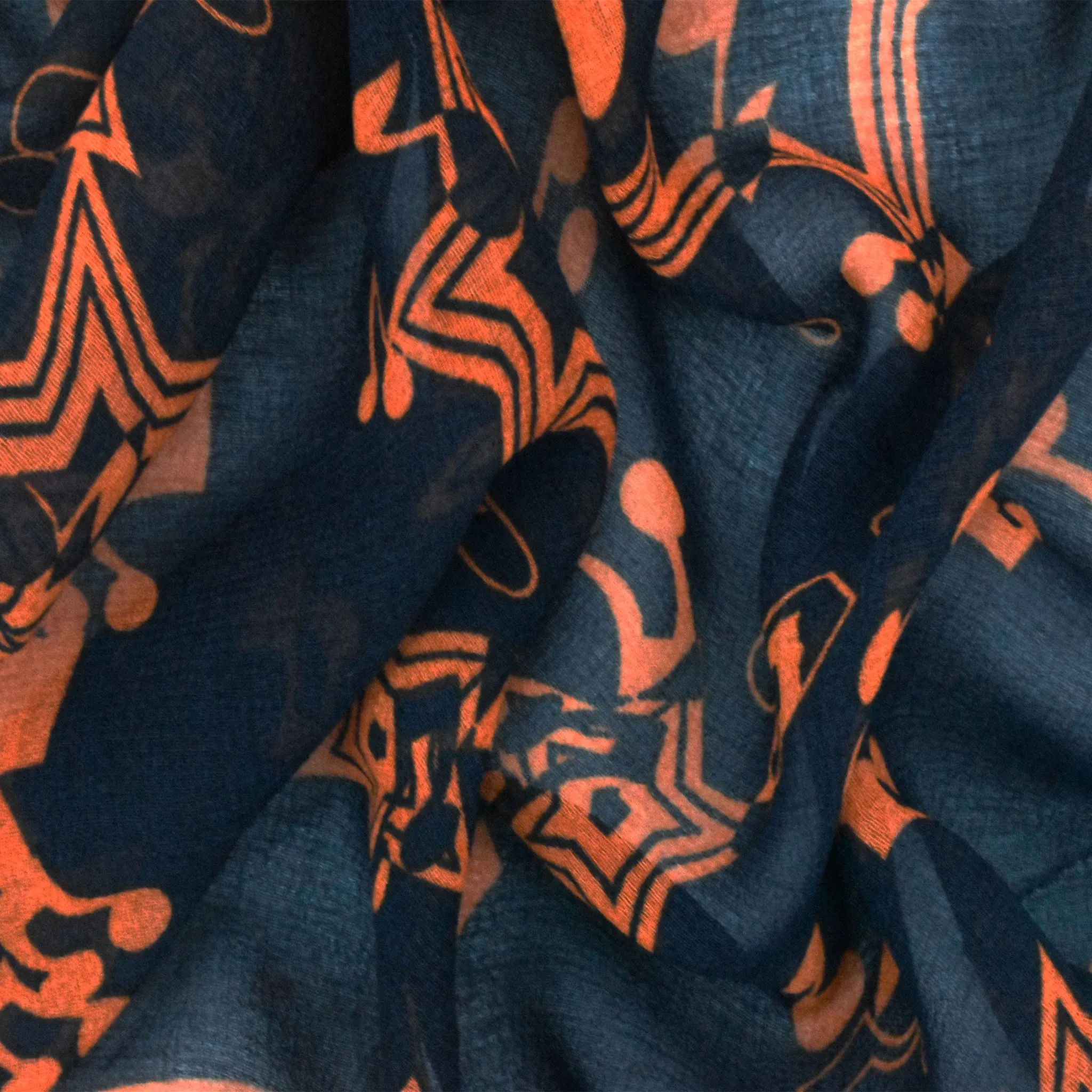 Darkest Blue-Orange Star Music Printed Poly Chiffon Woven Fabric