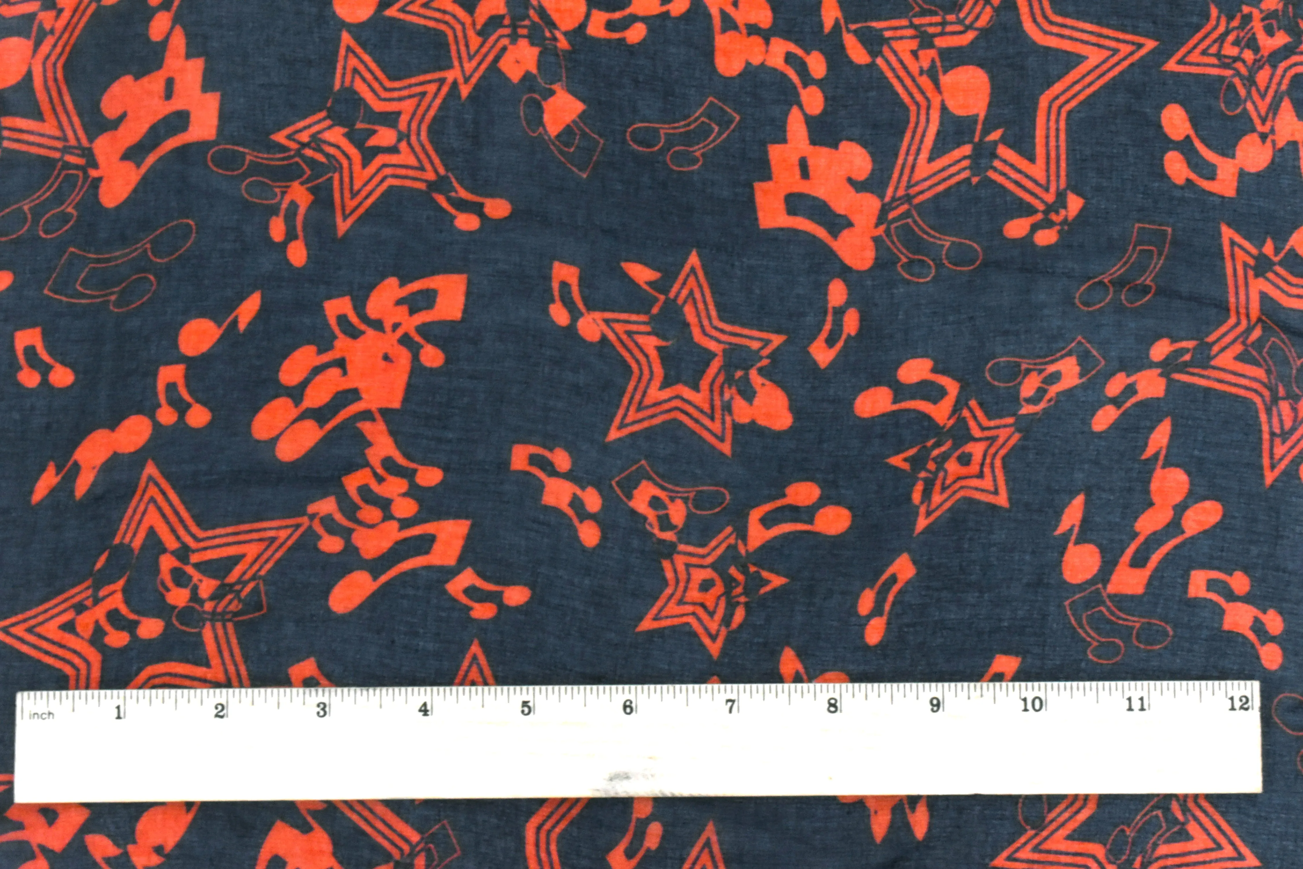 Darkest Blue-Orange Star Music Printed Poly Chiffon Woven Fabric