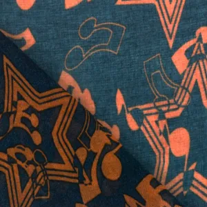 Darkest Blue-Orange Star Music Printed Poly Chiffon Woven Fabric