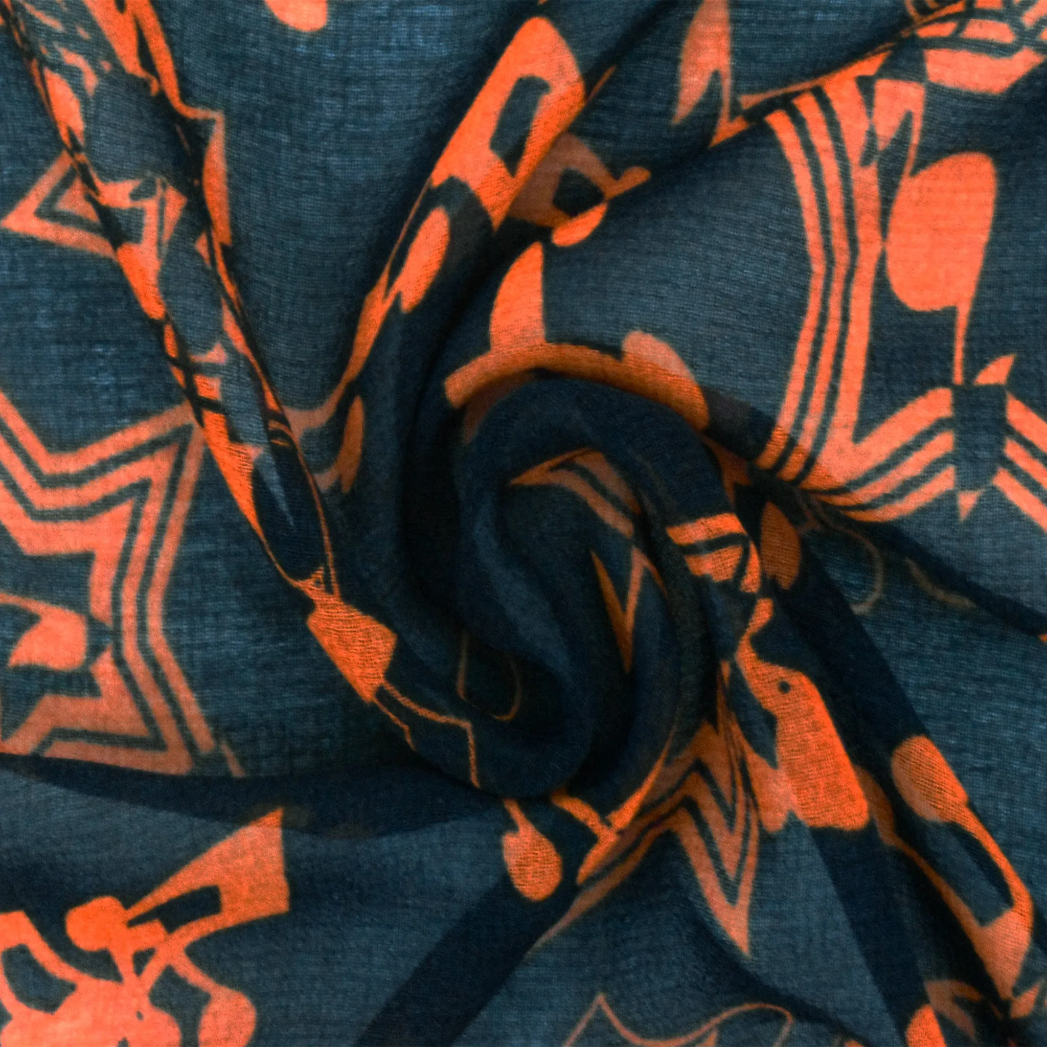 Darkest Blue-Orange Star Music Printed Poly Chiffon Woven Fabric
