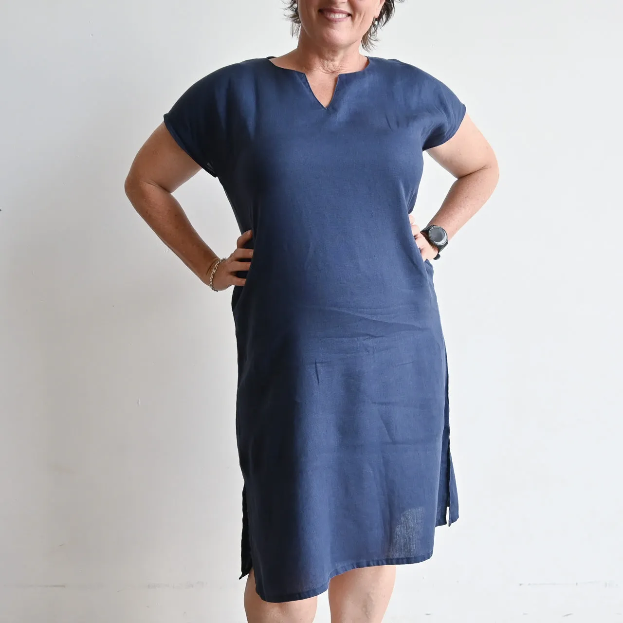 Kobomo Linen Sari Tunic Dress - Navy Blue