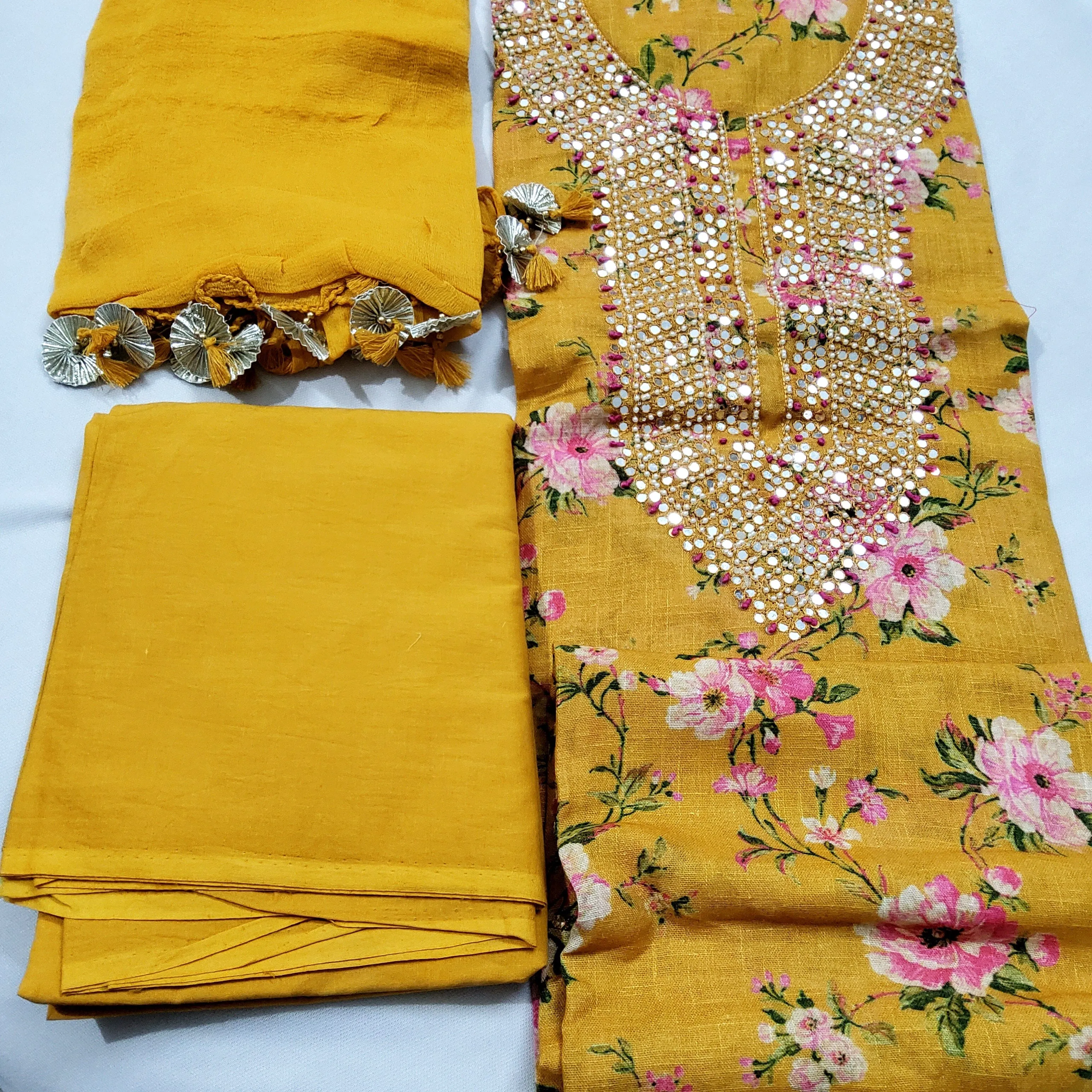 Linen Cotton Floral Print Dress Material with Handwork