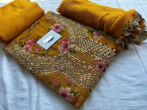 Linen Cotton Floral Print Dress Material with Handwork