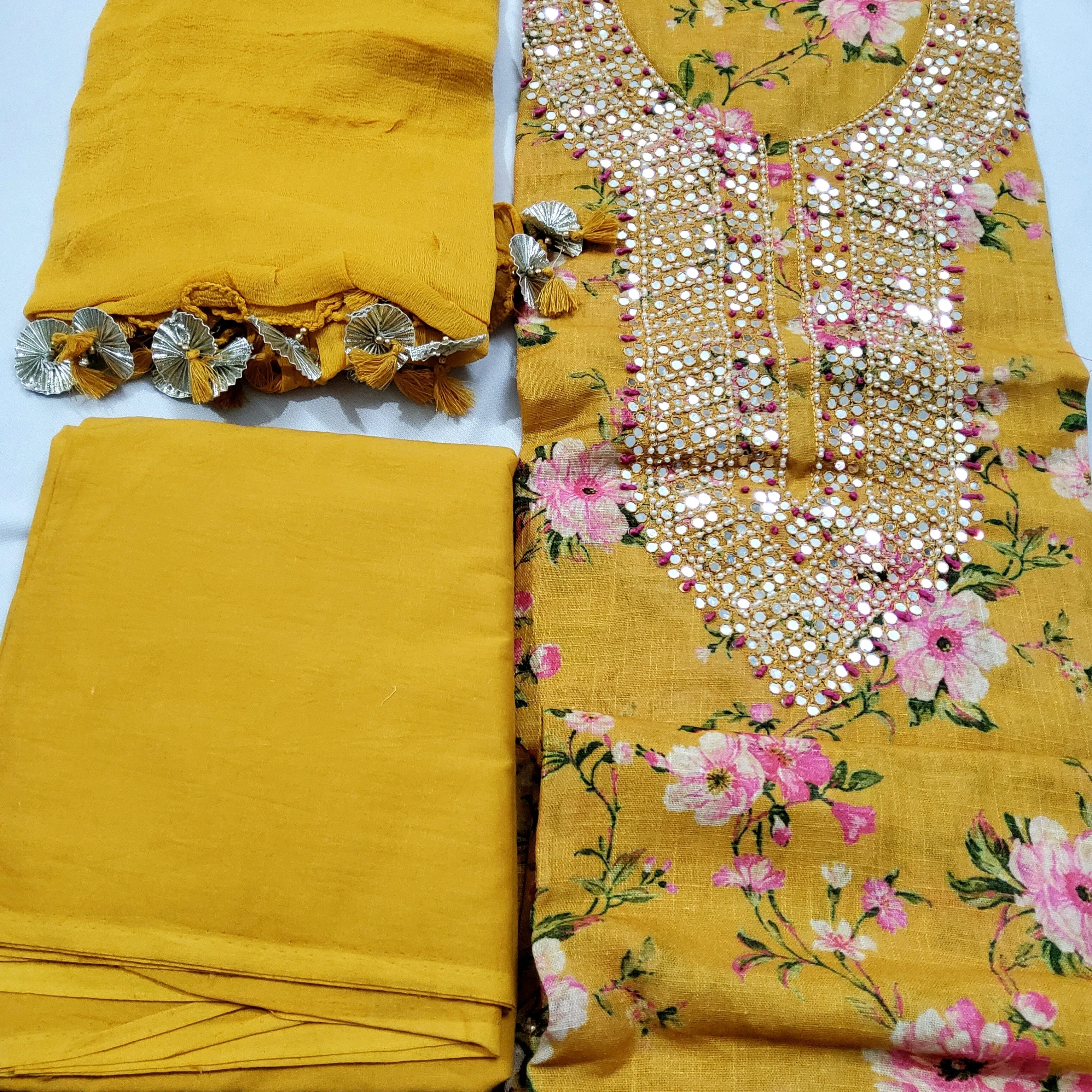 Linen Cotton Floral Print Dress Material with Handwork