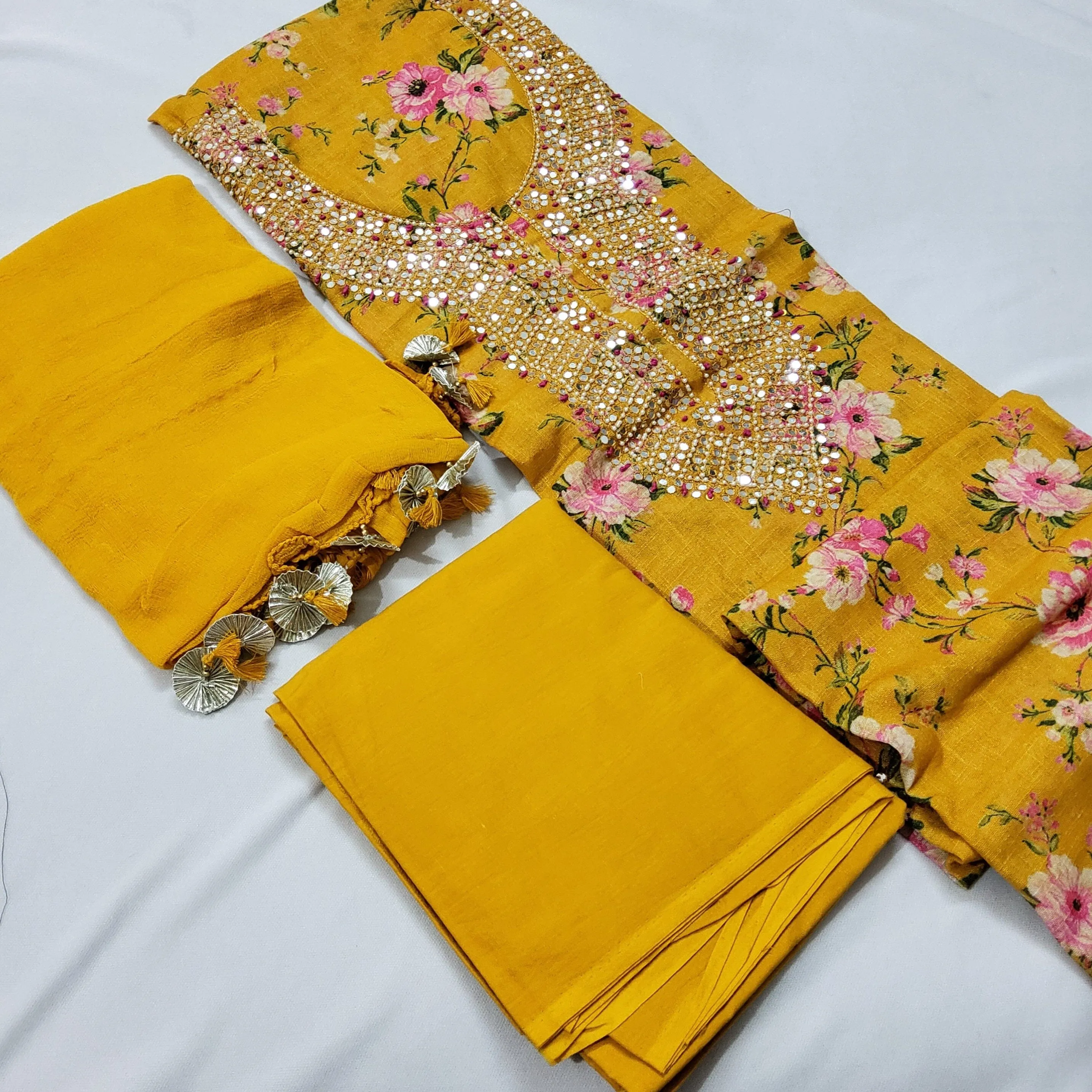 Linen Cotton Floral Print Dress Material with Handwork