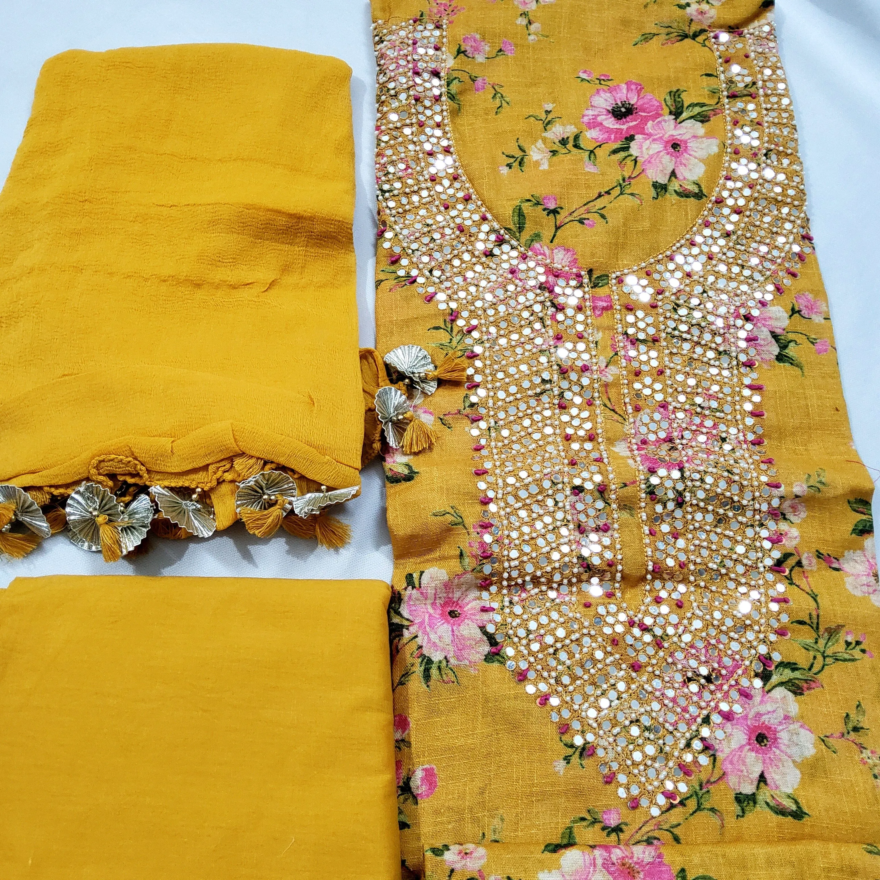 Linen Cotton Floral Print Dress Material with Handwork