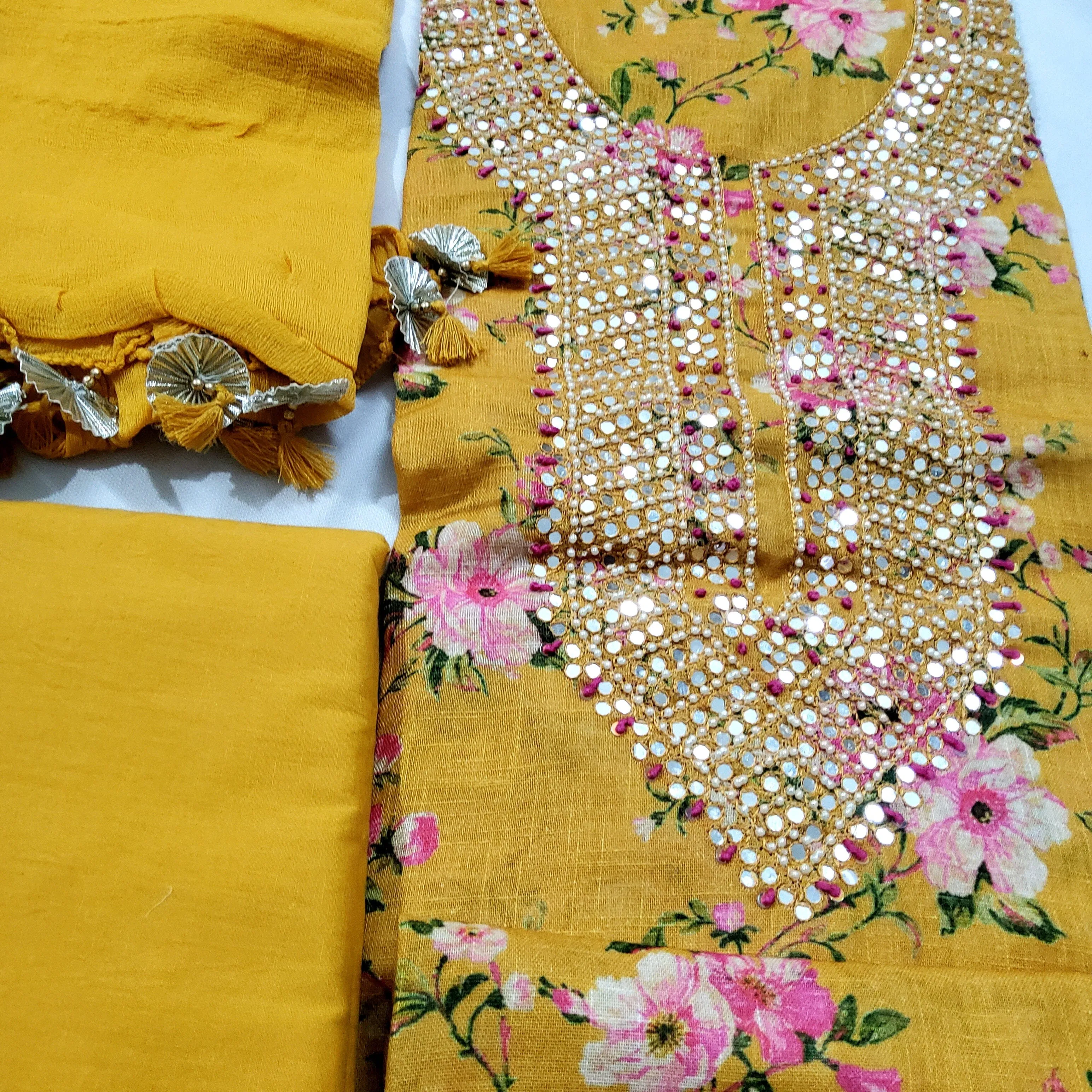 Linen Cotton Floral Print Dress Material with Handwork