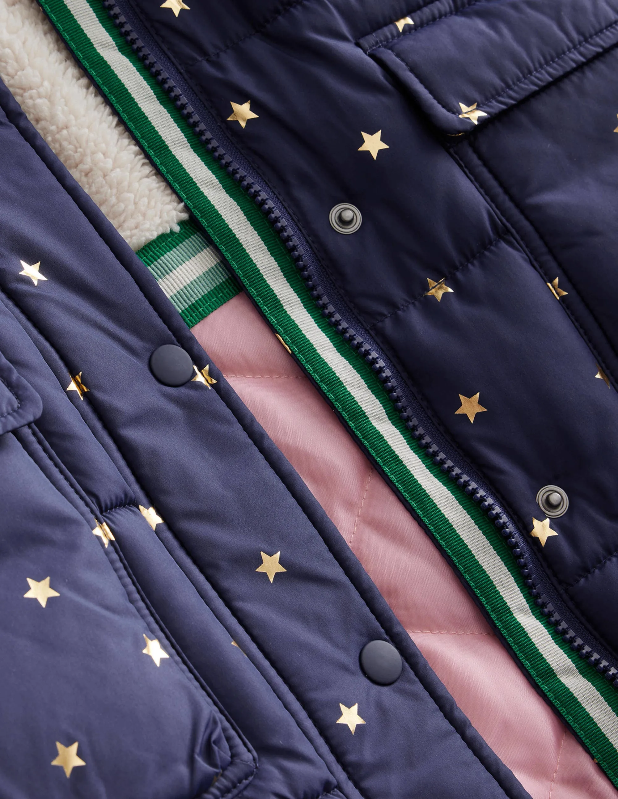 Longline Padded Coat-Navy Foil Stars