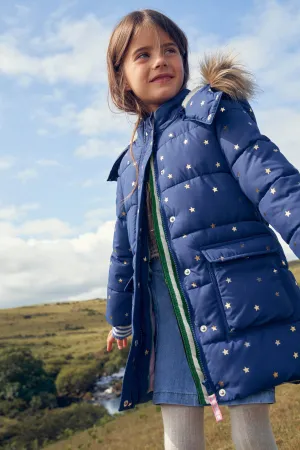 Longline Padded Coat-Navy Foil Stars