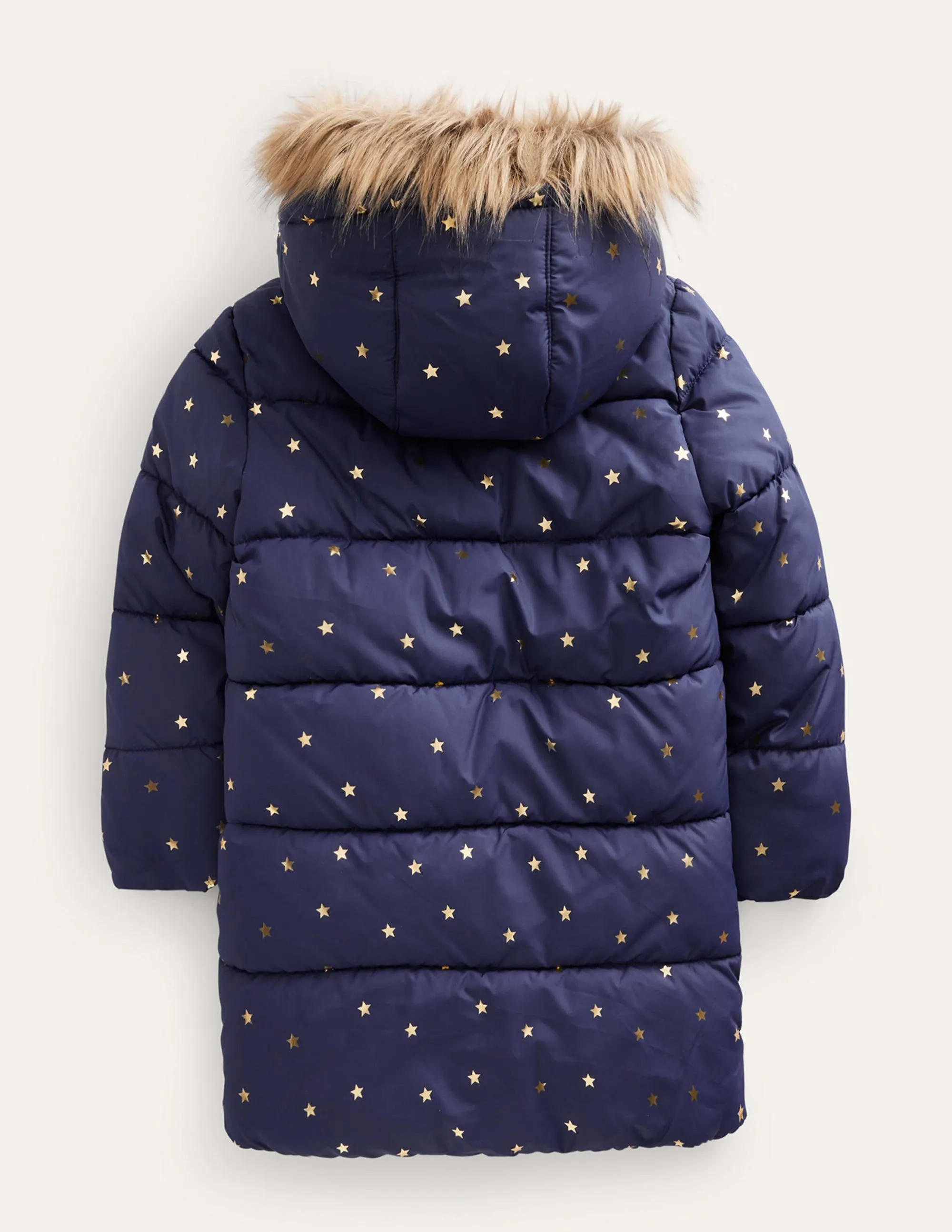 Longline Padded Coat-Navy Foil Stars
