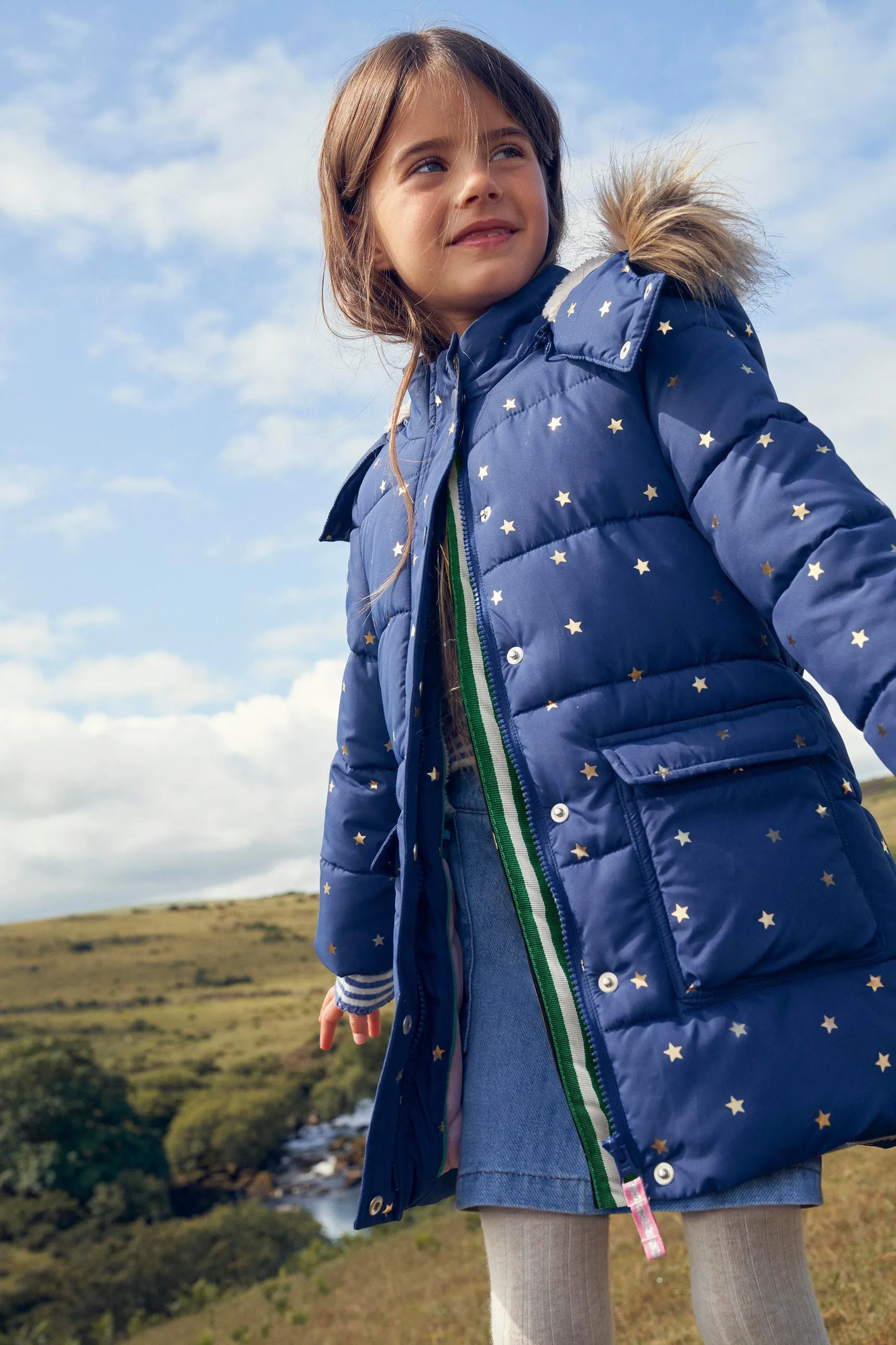 Longline Padded Coat-Navy Foil Stars