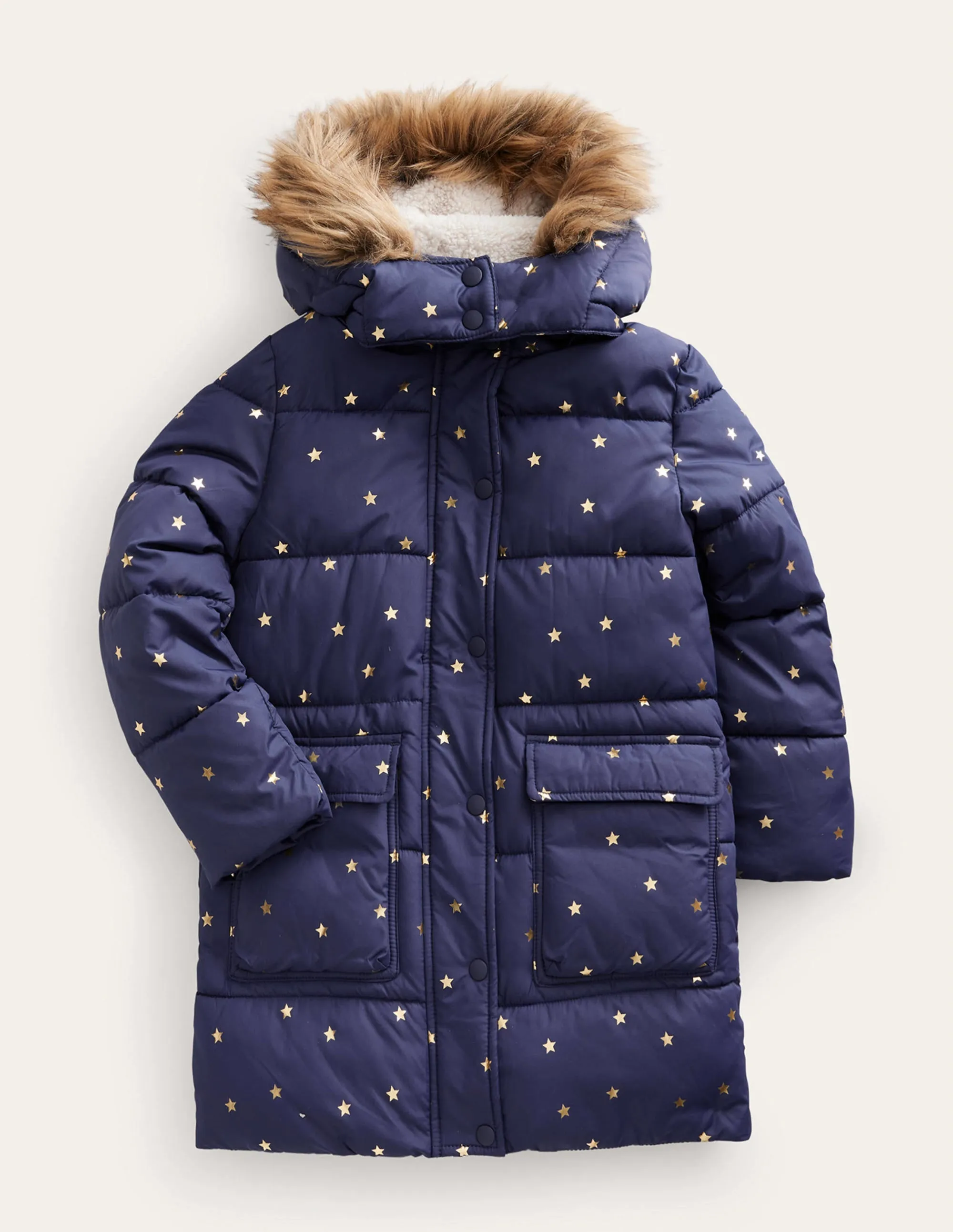 Longline Padded Coat-Navy Foil Stars