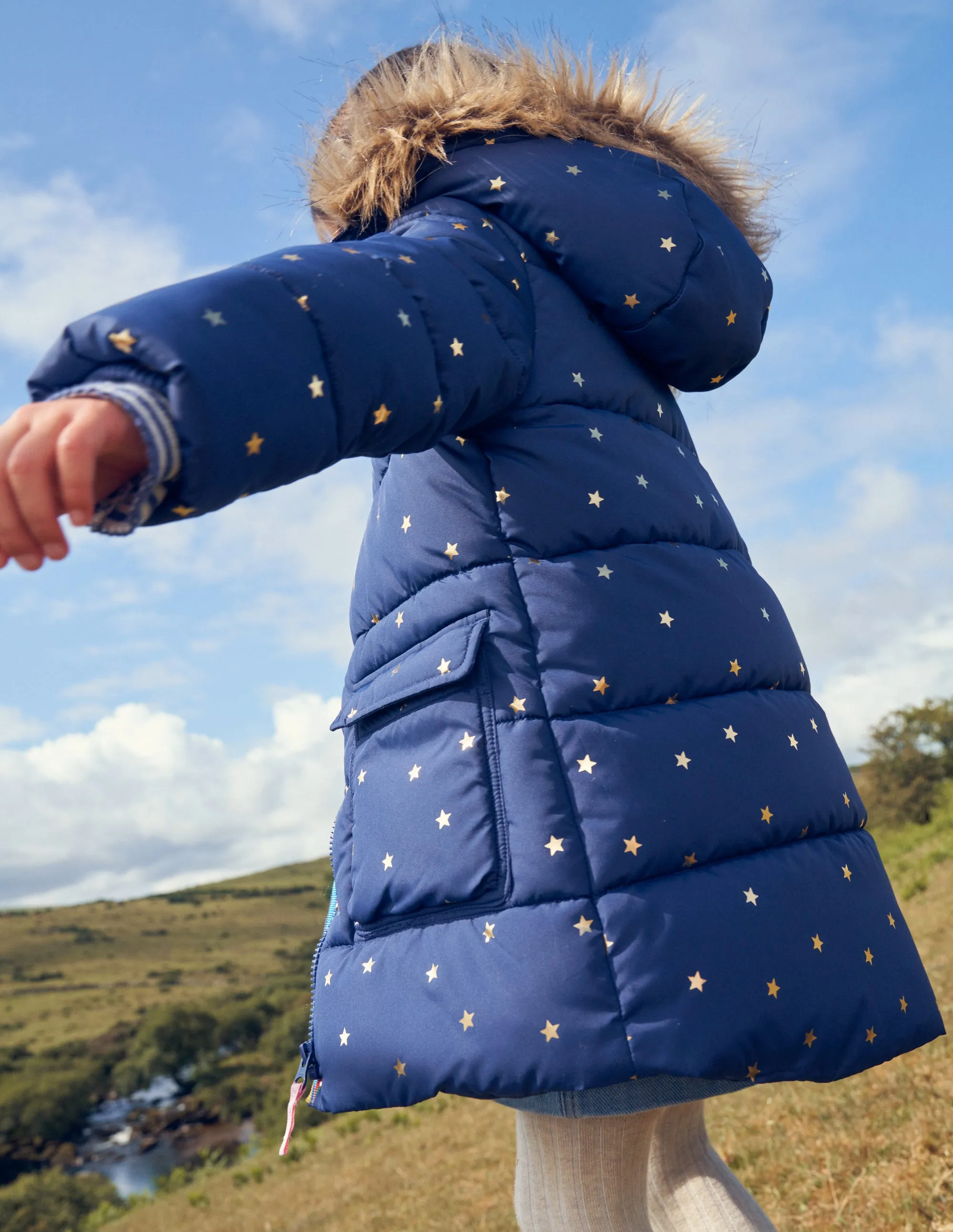 Longline Padded Coat-Navy Foil Stars