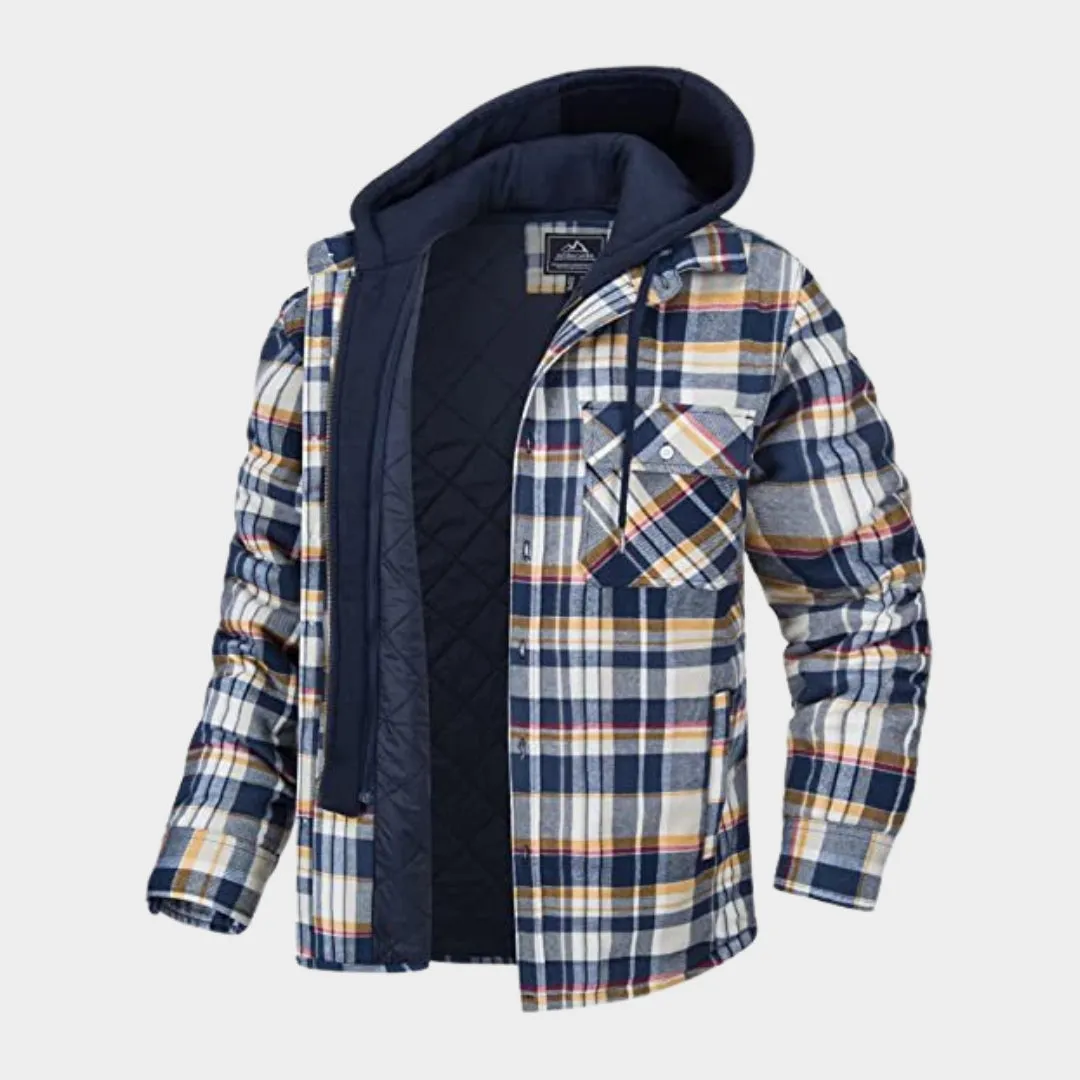 Men - Hooded Plaid Jacket - Quilted Lined - Windproof - Fleece Cotton - Multiple Colours