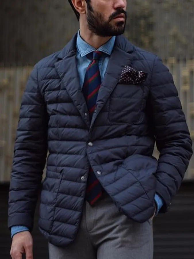 Mens Quilted Blazer Jacket  Slim Fit  Button Closure  Lapel Collar  Smart Casual