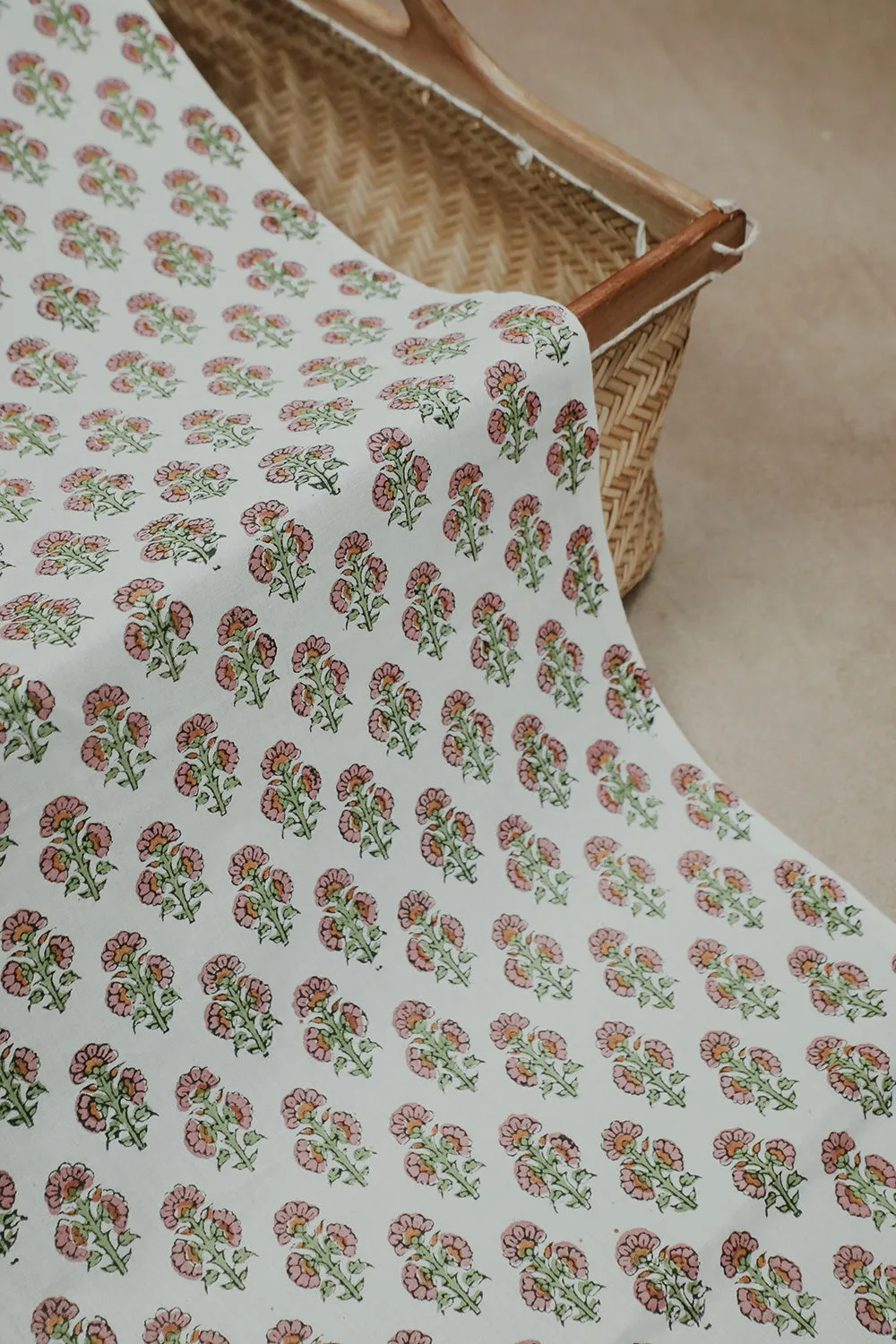Snow Cream with Florets Mul Cotton Sanganeri Fabric