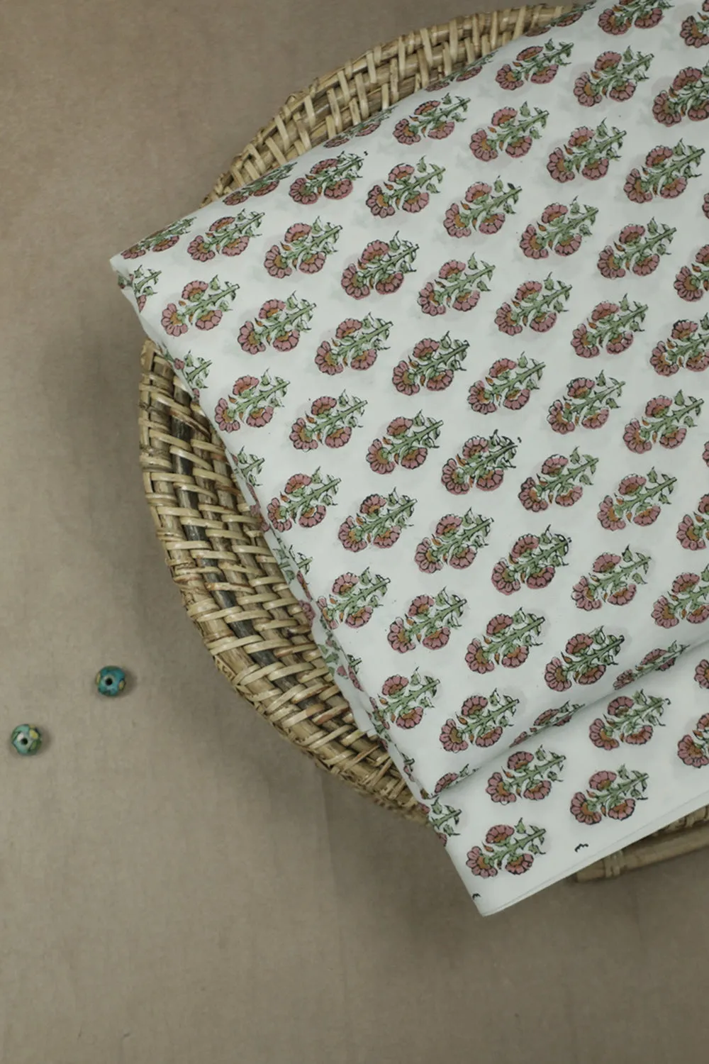 Snow Cream with Florets Mul Cotton Sanganeri Fabric