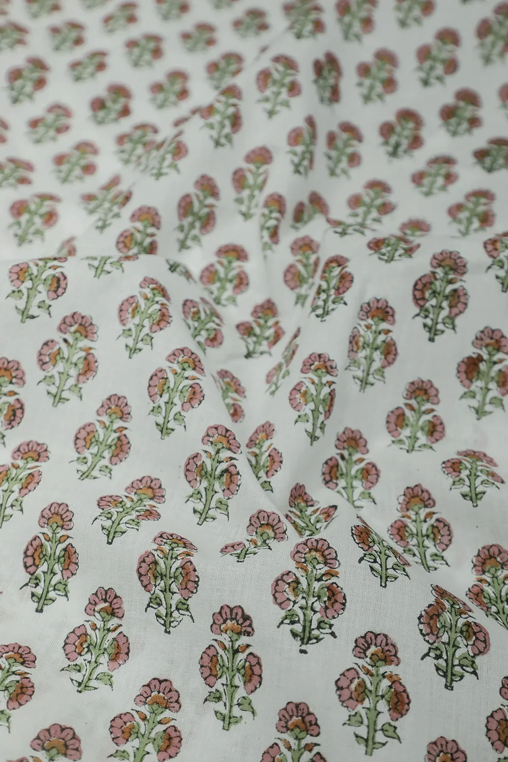 Snow Cream with Florets Mul Cotton Sanganeri Fabric