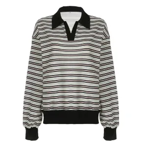 Striped Pullovers Turn-down Collar Long Sleeve Tees Cozy Hoodies Sweatshirts Fall Winter Clothes Women 2024 P84-DC25