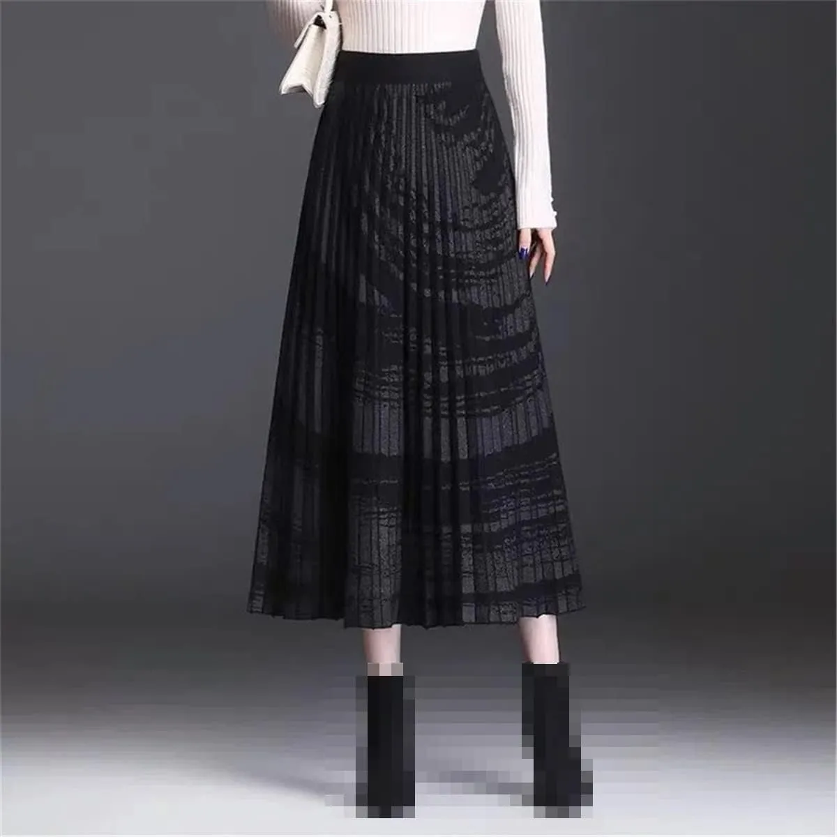 Women's Plaid Pleated Knit Skirt Warm High Waist Long Skirt