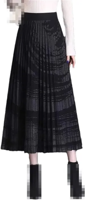 Women's Plaid Pleated Knit Skirt Warm High Waist Long Skirt