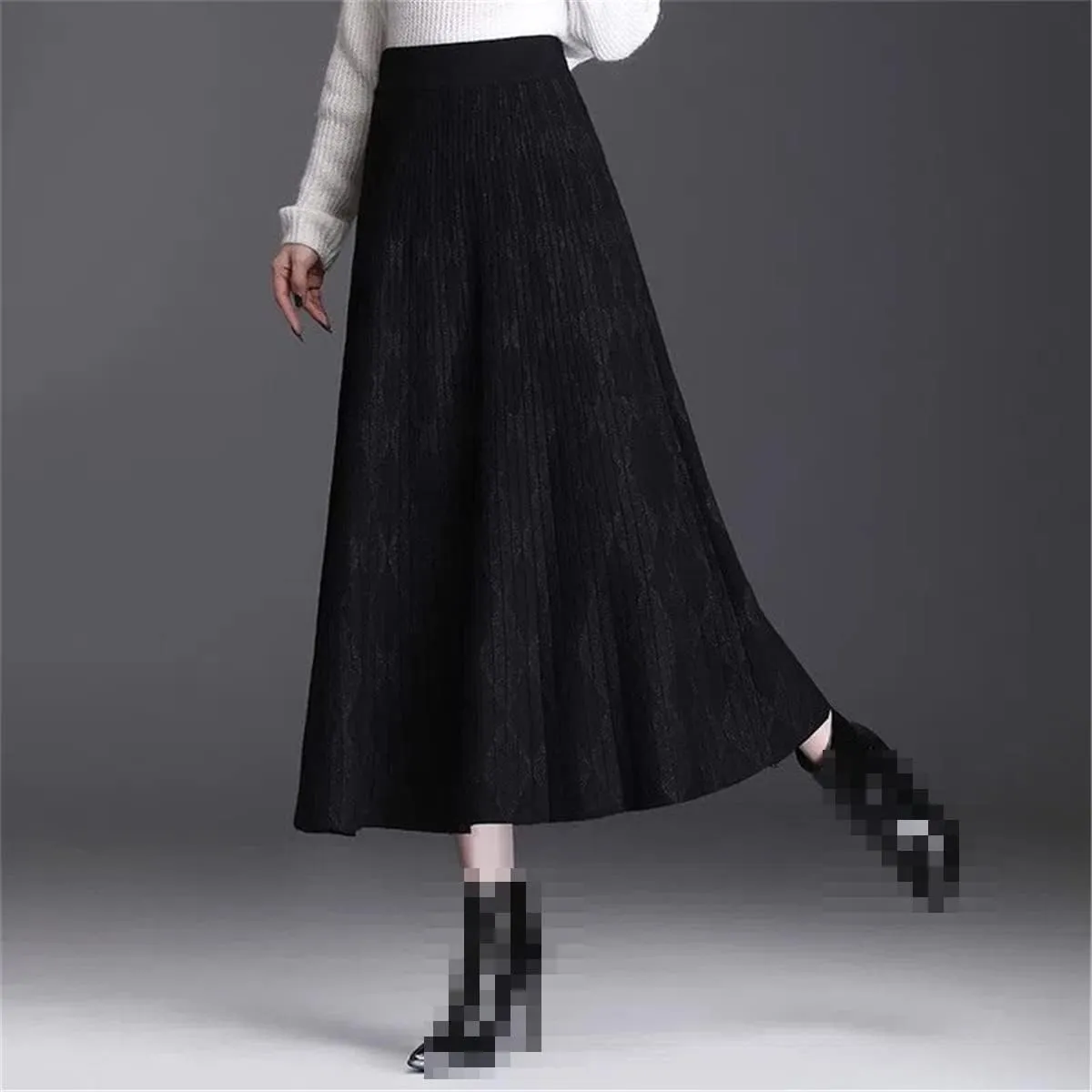 Women's Plaid Pleated Knit Skirt Warm High Waist Long Skirt