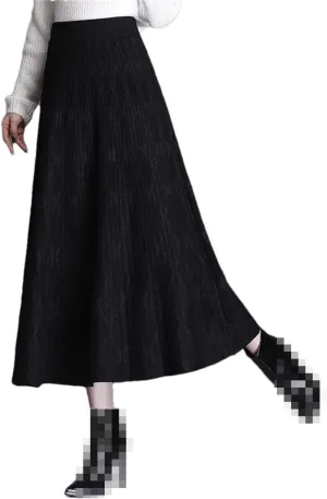 Women's Plaid Pleated Knit Skirt Warm High Waist Long Skirt