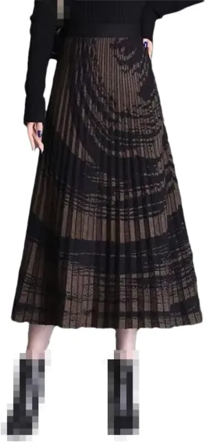 Women's Plaid Pleated Knit Skirt Warm High Waist Long Skirt