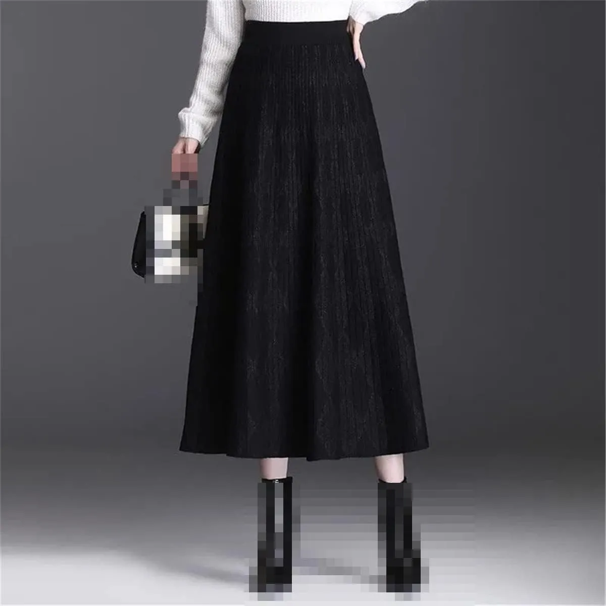 Women's Plaid Pleated Knit Skirt Warm High Waist Long Skirt