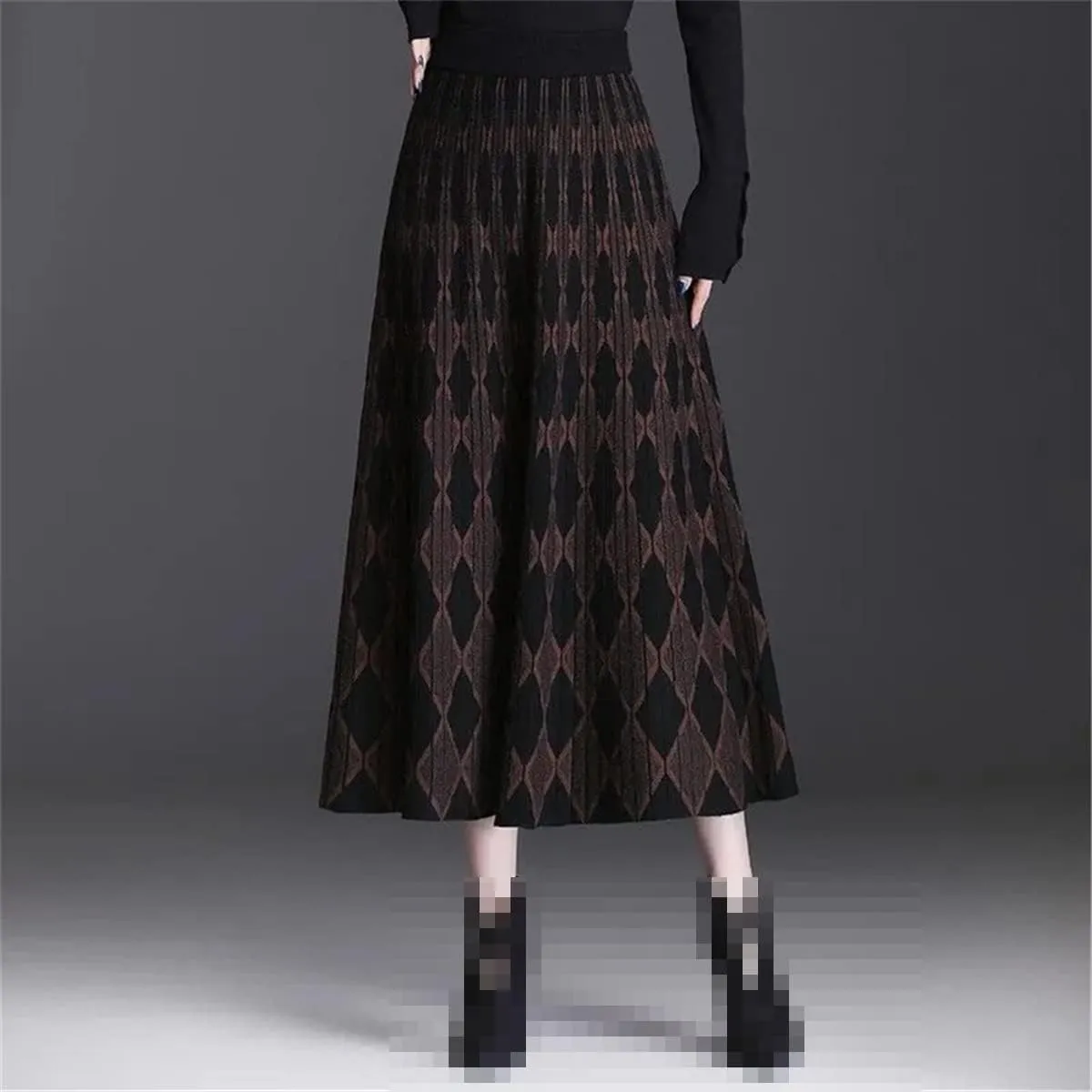 Women's Plaid Pleated Knit Skirt Warm High Waist Long Skirt